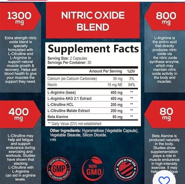 Extra Strength Nitric Oxide Supplement L Arginine 3X Strength 60 Count Bottle