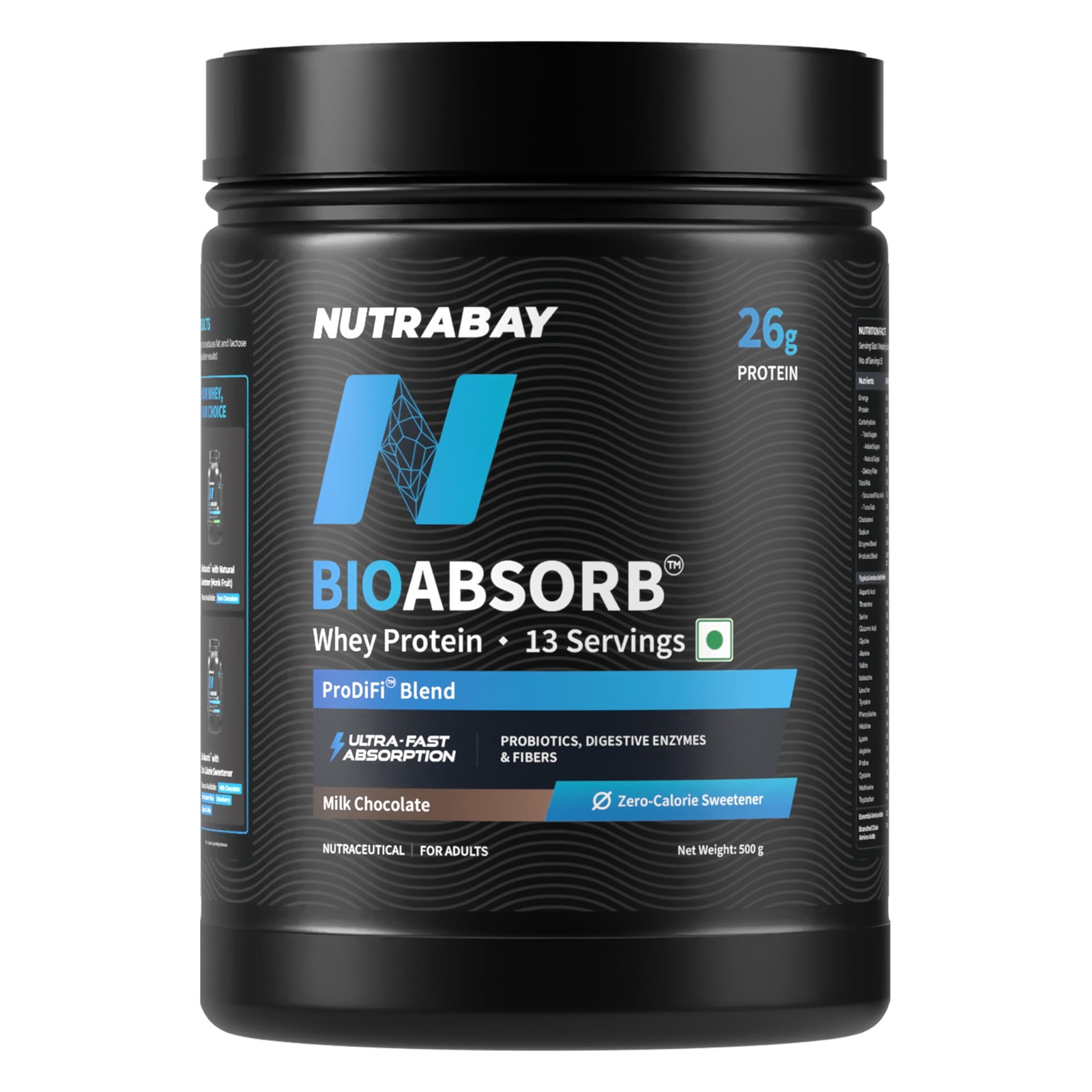 Nutrabay BioAbsorb Whey Protein 26g Milk Chocolate Fast Recovery 500g