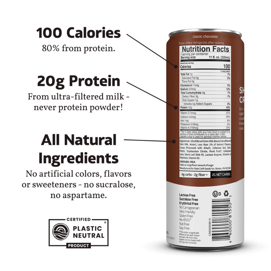 Slate 20G Protein Milk Shakes – Classic Chocolate Shake (11 fl oz), 12 Cans