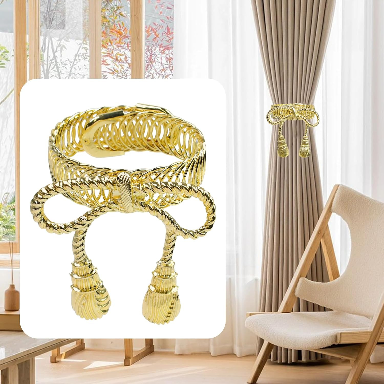 Curtain Tiebacks, Gold Bow Tie Metal Curtain Holdbacks, 2 Pcs | No-Drill Design,