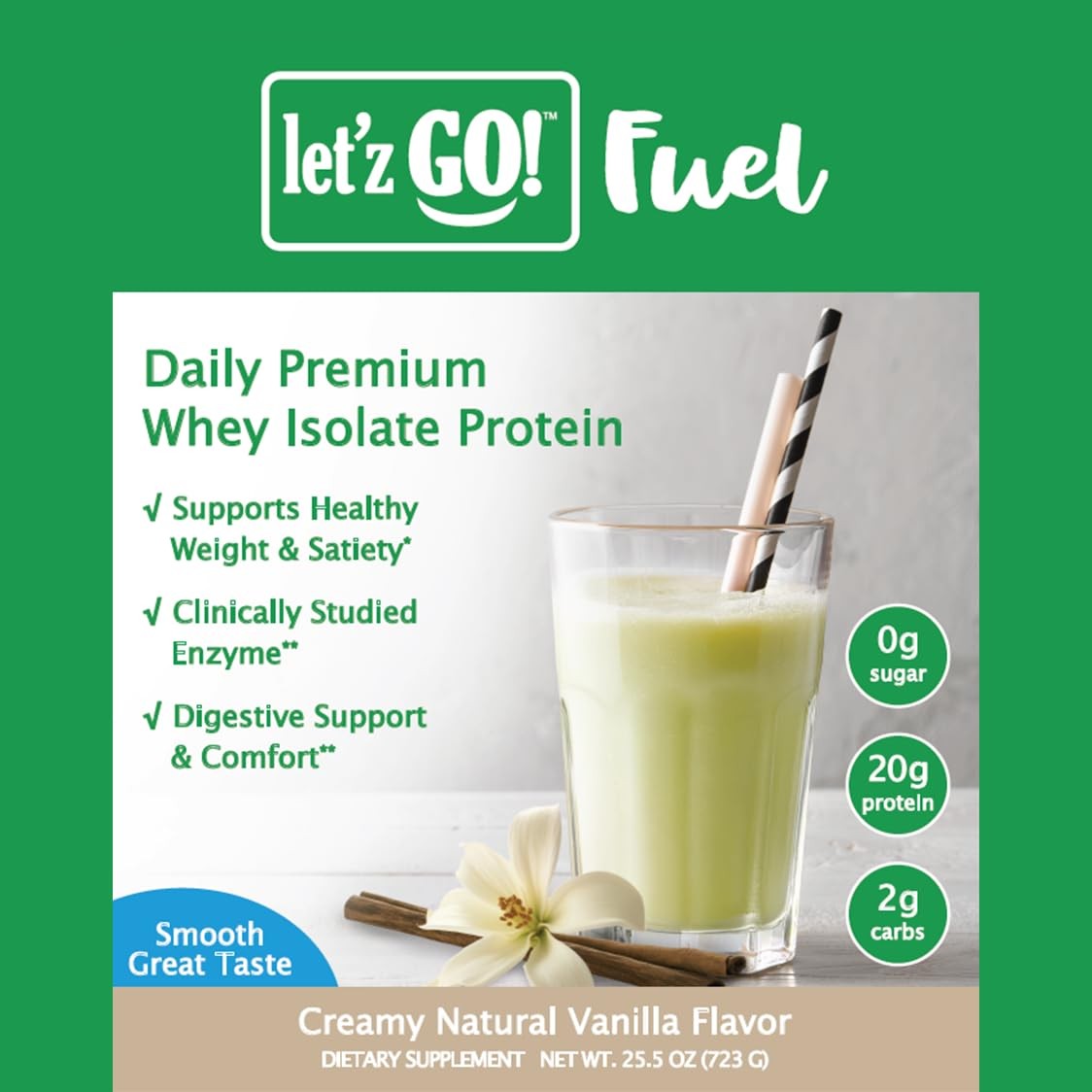 Letz Go Whey Protein Isolate Powder 2lb 30 Servings Vanilla Zero Sugar