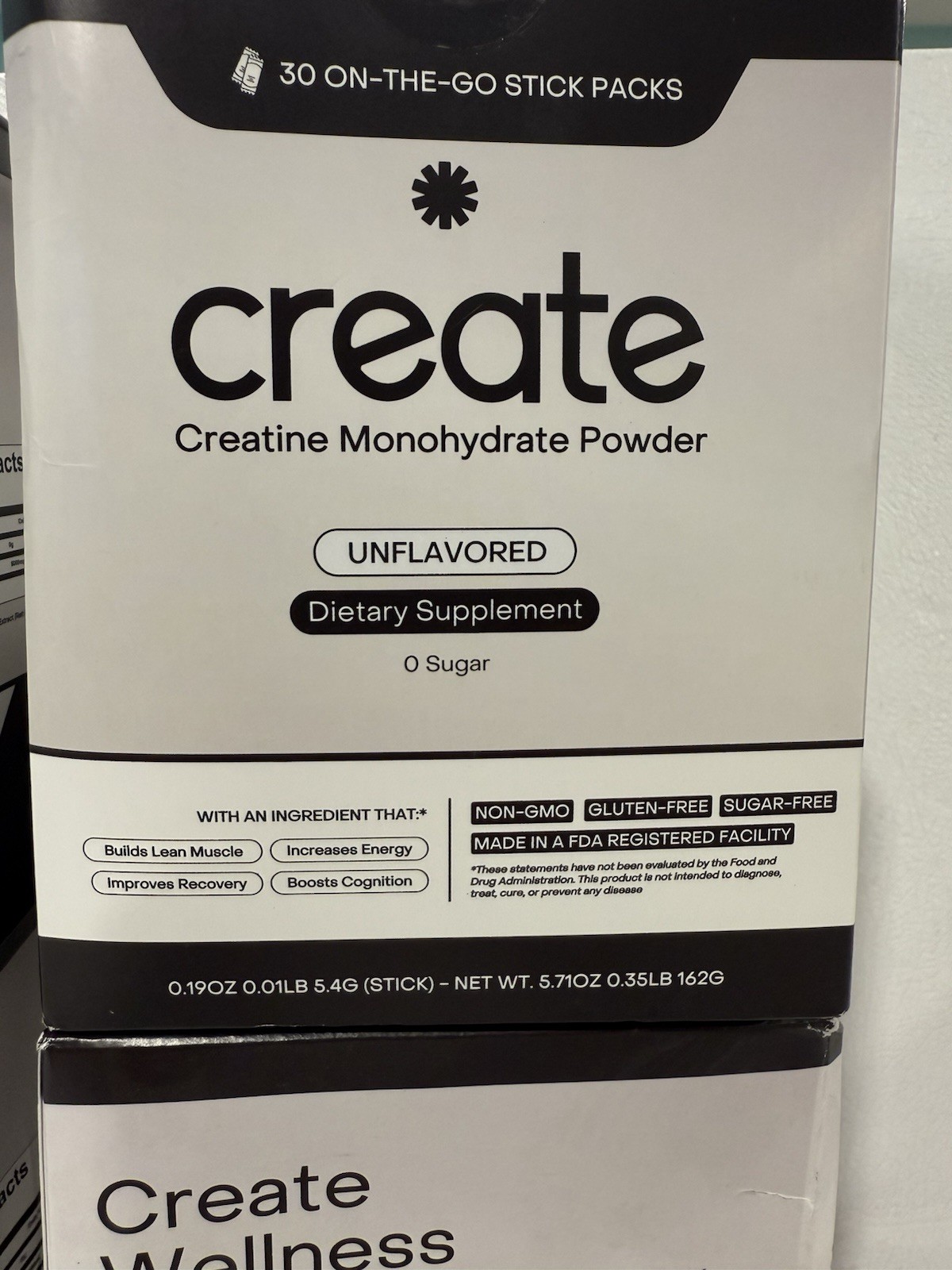 Create Creatine Monohydrate Unflavored Powder 30 Stick Packs Non-GMO Gluten-Free