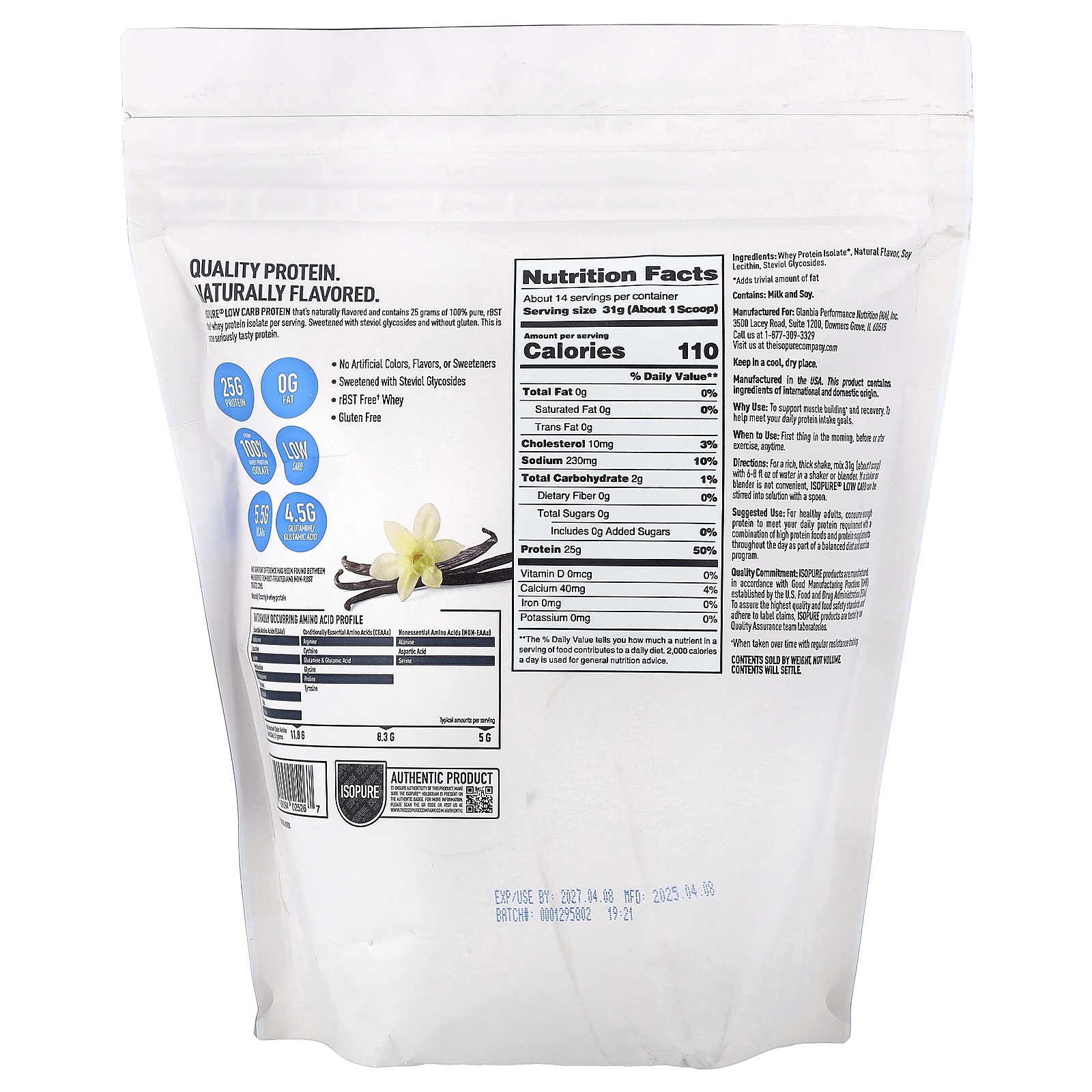 Low Carb Protein Powder, Tahitian Vanilla, 1 lb (454 g)