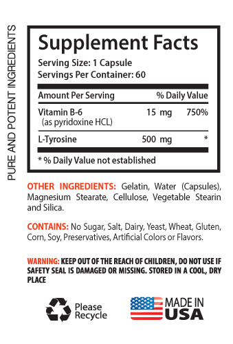 Pantothenic Acid – L-TYROSINE 500 – Promotes Healthy Mood – Key to Relief – 1B