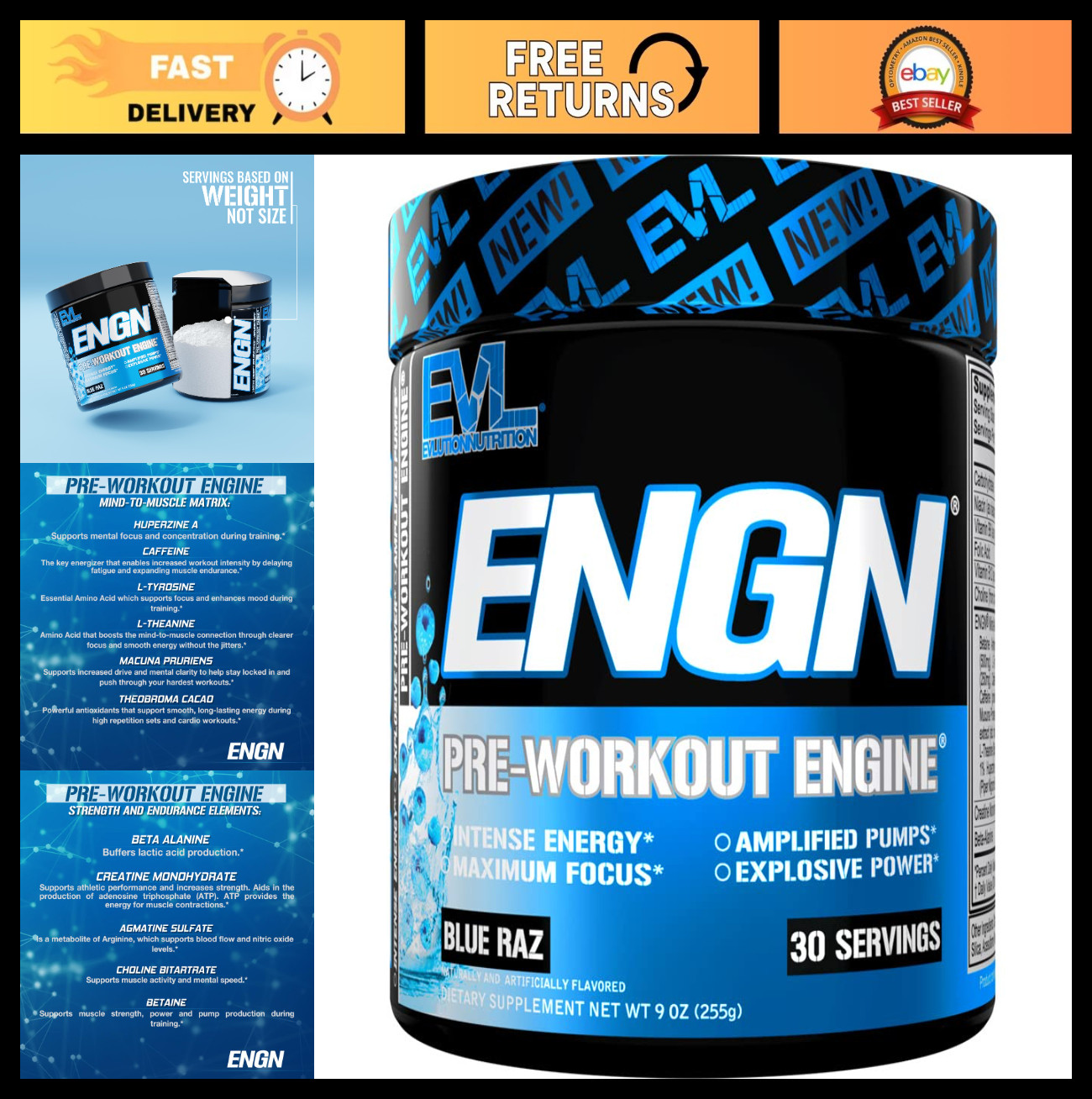 Intense Pre Workout Powder – 30 Servings Blue Raspberry – Creatine, Beta Alanine