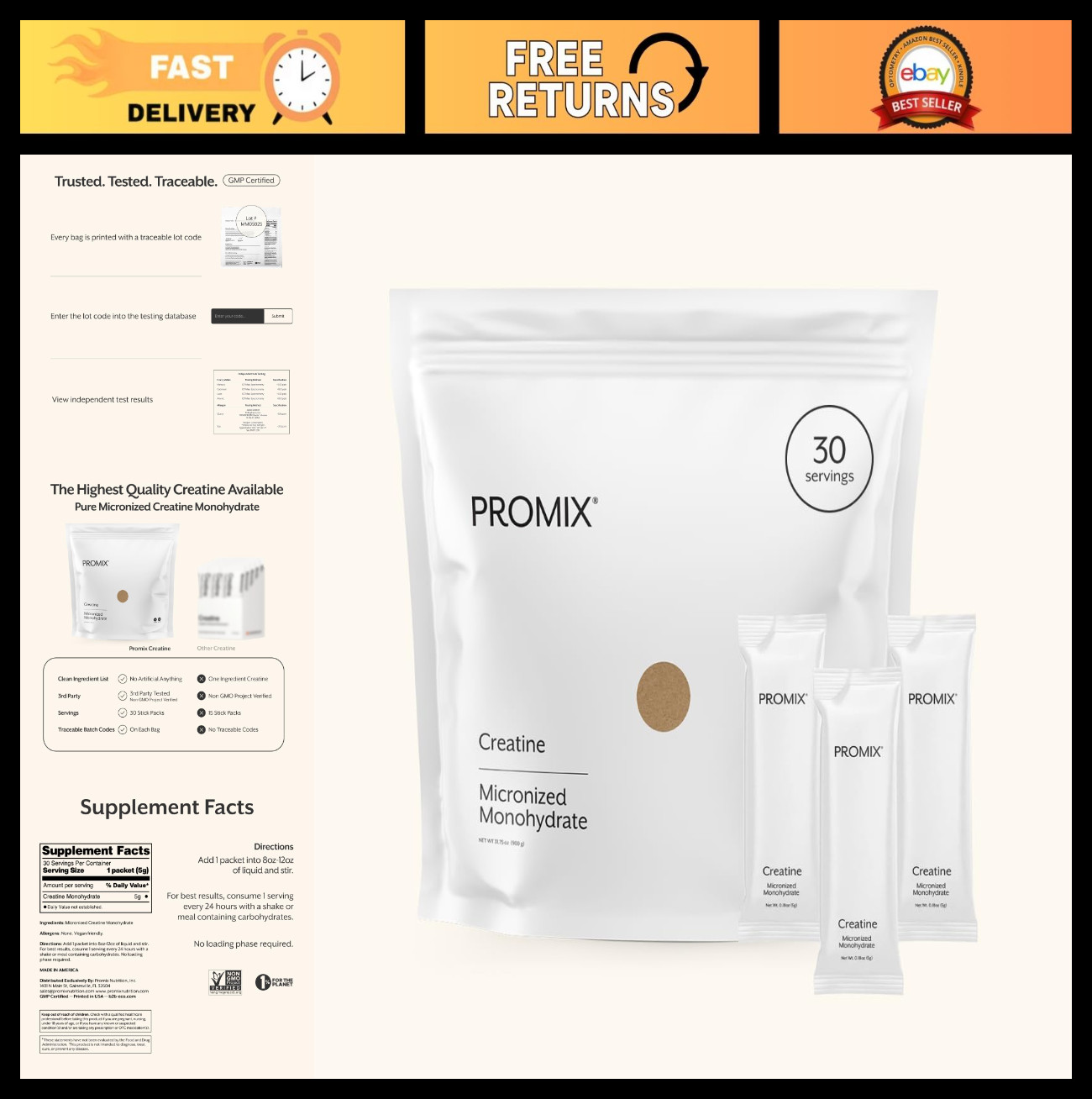 Creatine Monohydrate Powder Travel Packs – 30ct, Muscle Gain, Energy Boost, Fitn
