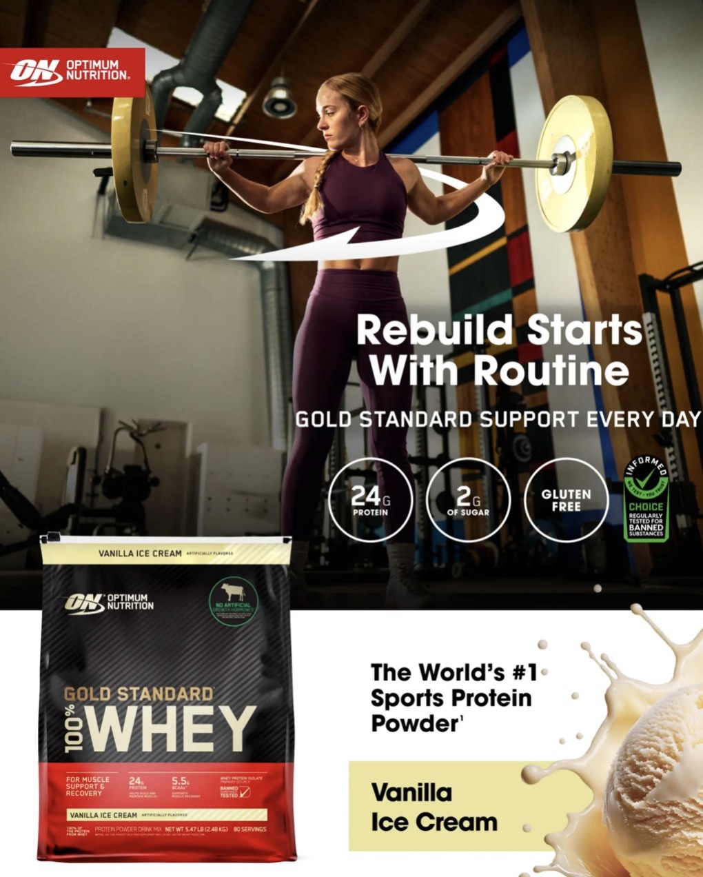 Best 💯% Whey Protein Gold Standard – Optimum Nutrition Vanilla Ice Cream 5.4 lb