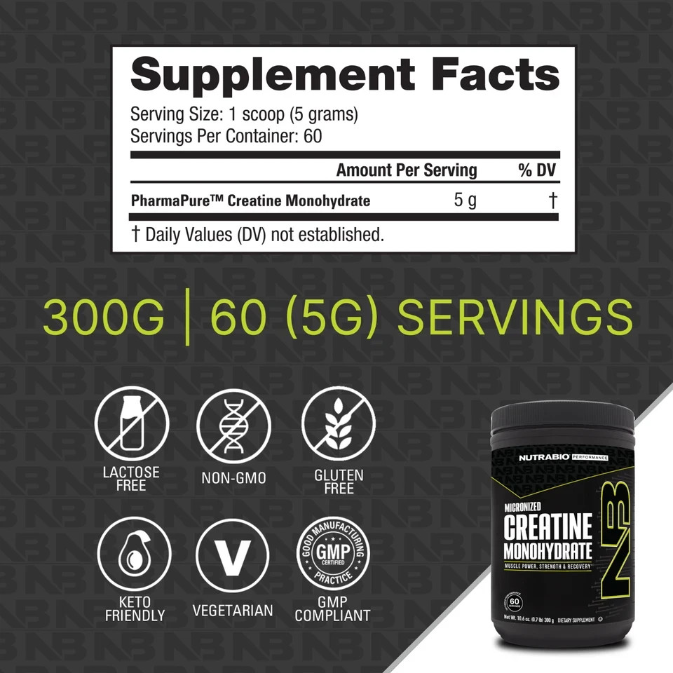 NutraBio 300g Creatine Monohydrate Dietary Energy and Muscle Strength Powders