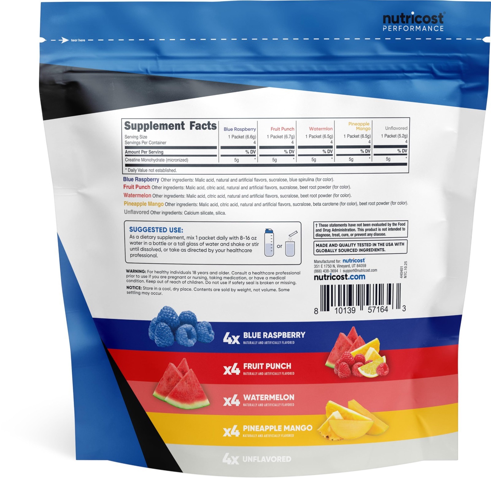 Creatine Monohydrate Powder Stickpacks – 20 Servings, 5 Flavors, Micronized, 5g