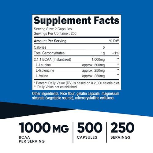 Nutricost BCAA 1000mg, 500 Capsules (250 Serv), 2:1:1 Branched Chain Amino Acids