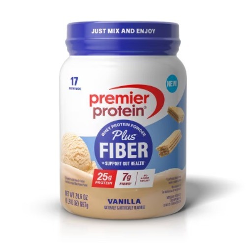 Premier Protein Plus Fiber Powder – Vanilla – Whey Protein – 24.6oz/17 Servings