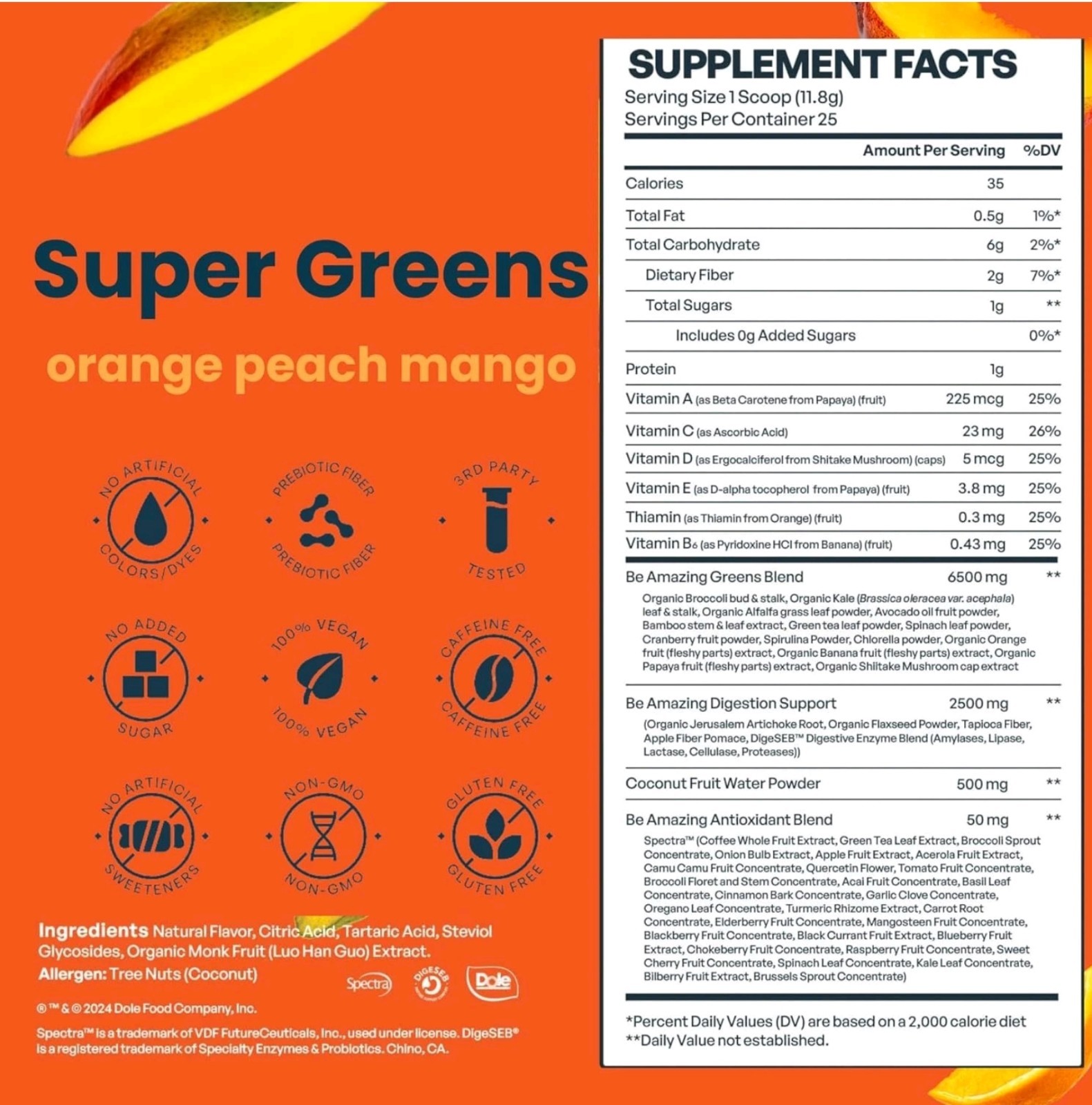 BE Amazing SUPER GREENS 11 oz (25 Serv) Natural Orange Peach Mango BESTBY 10/26