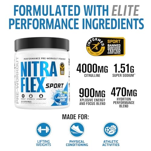 Nitraflex Sport Pre-Workout Powder 20 Servings Blue Raspberry Blast-EXP:07/2027