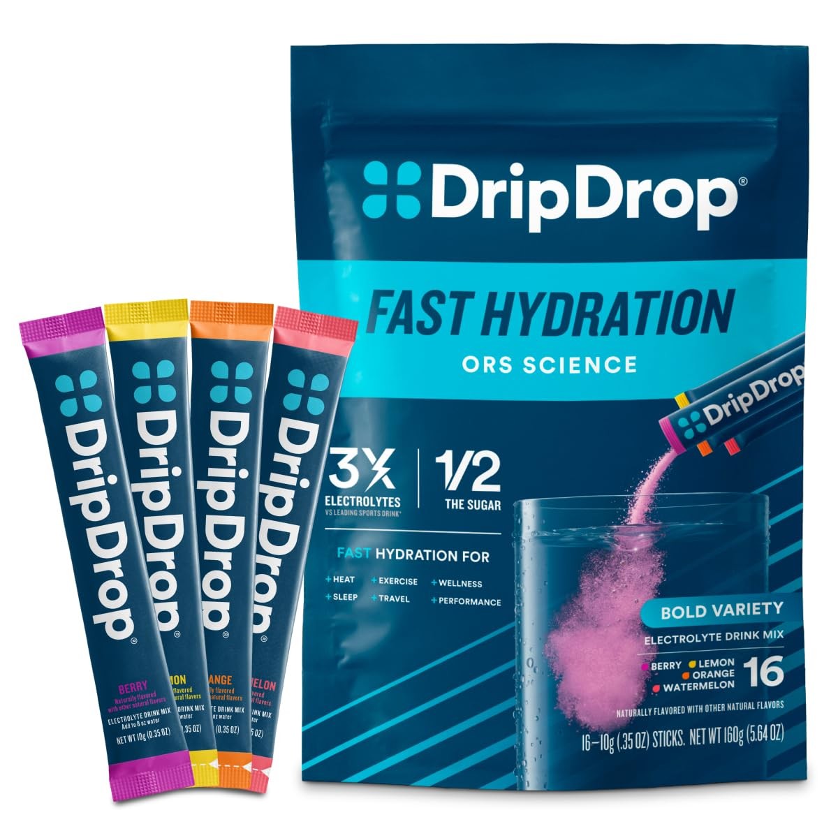 DripDrop Hydration Packets – Bold Variety Pack – Single Serve 16 Count, Blue