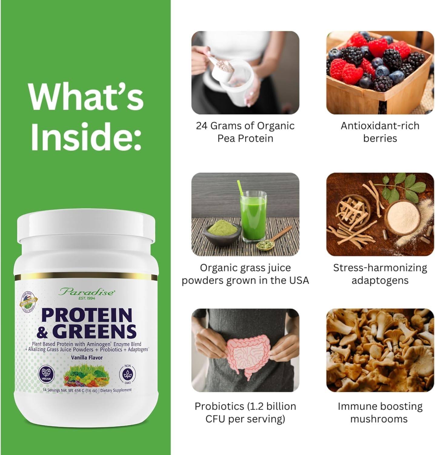 Organic ORAC Protein & Greens Powder – Vanilla Flavor, 20g Protein, 14 Servings