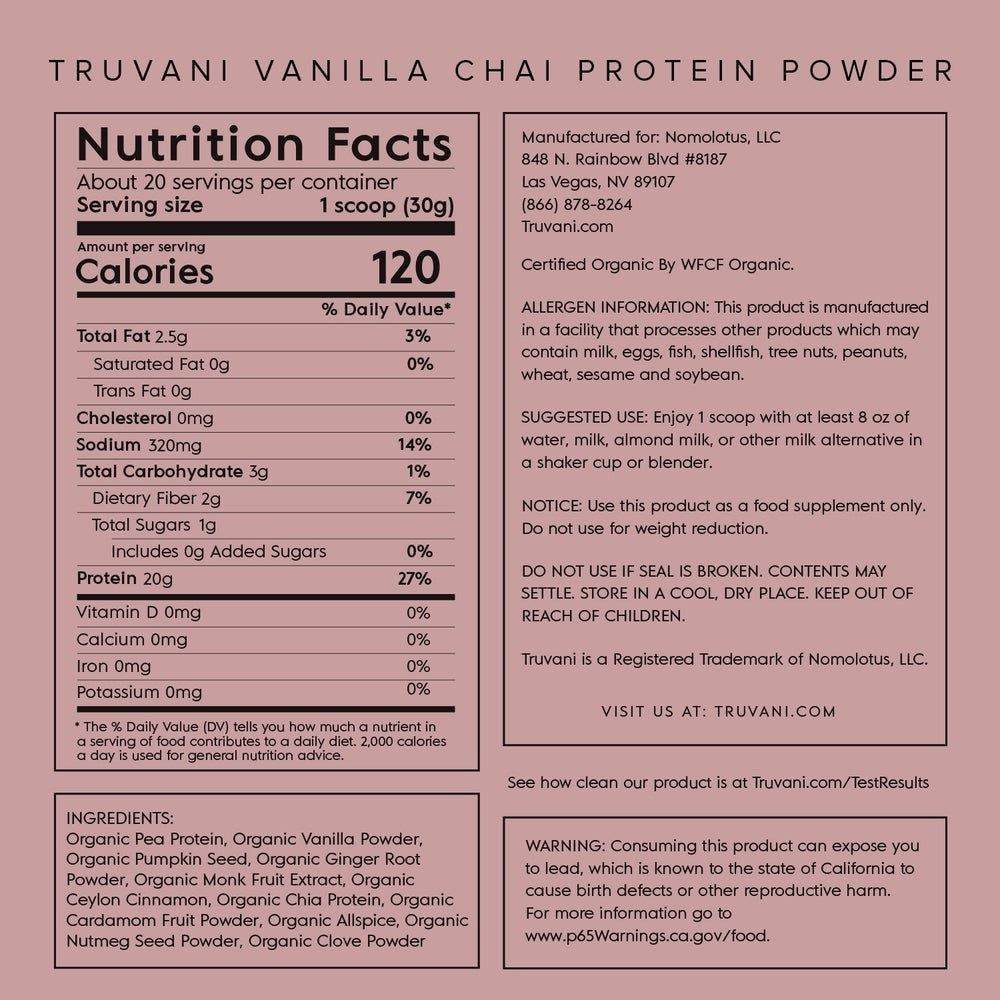 Truvani Organic Non-GMO Plant-Based Protein Powder, Vanilla Chai, 20 Servings