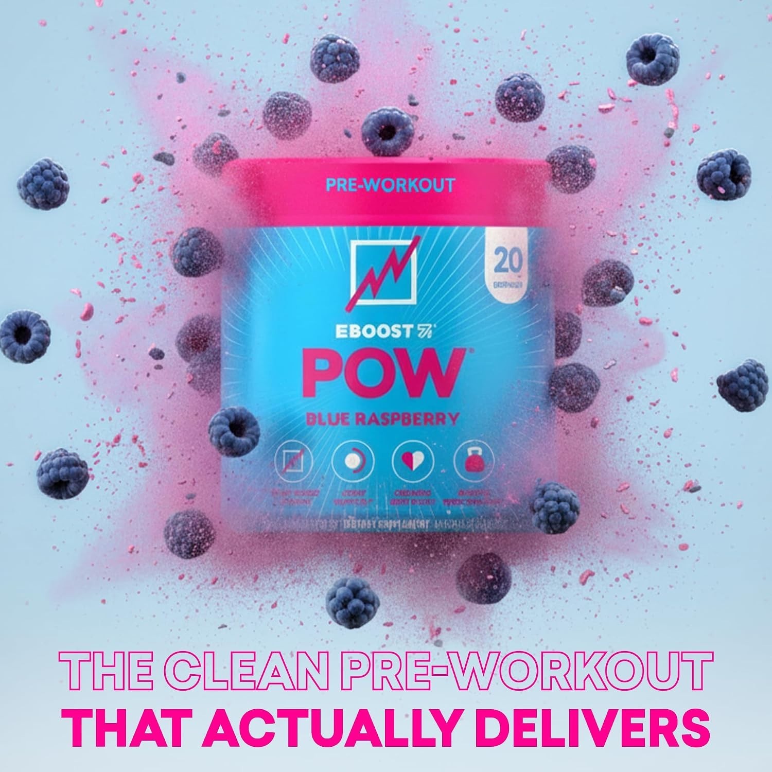 EBOOST POW Natural Pre Workout Powder, Blue Raspberry, Energy Support, 20 Servs