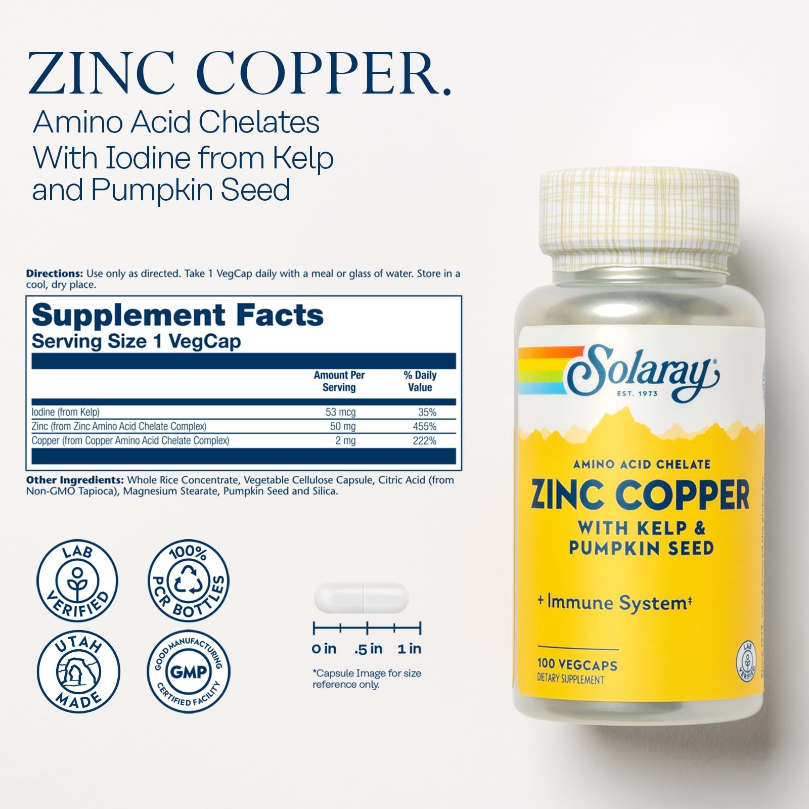 Zinc Copper Amino Acid Chelate – Immune Support Supplement w/Chelated Zinc 50mg