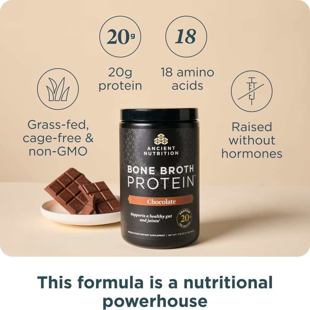 Ancient Nutrition Bone Broth Protein Powder Chocolate 20g Protein 20 Servings