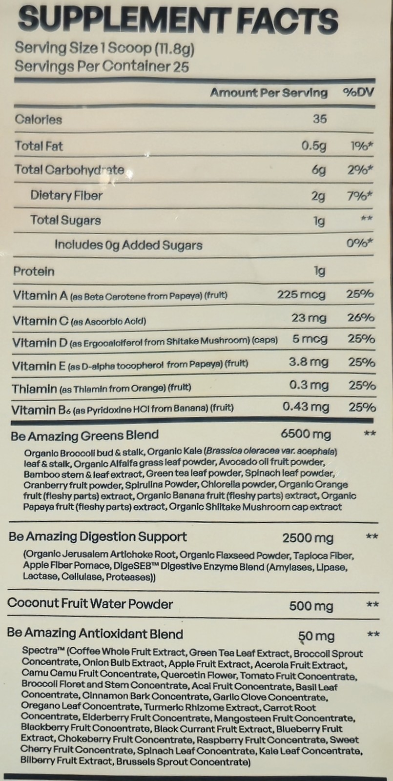 BE Amazing SUPER GREENS 11 oz (25 Serv) Natural Orange Peach Mango BESTBY 10/26