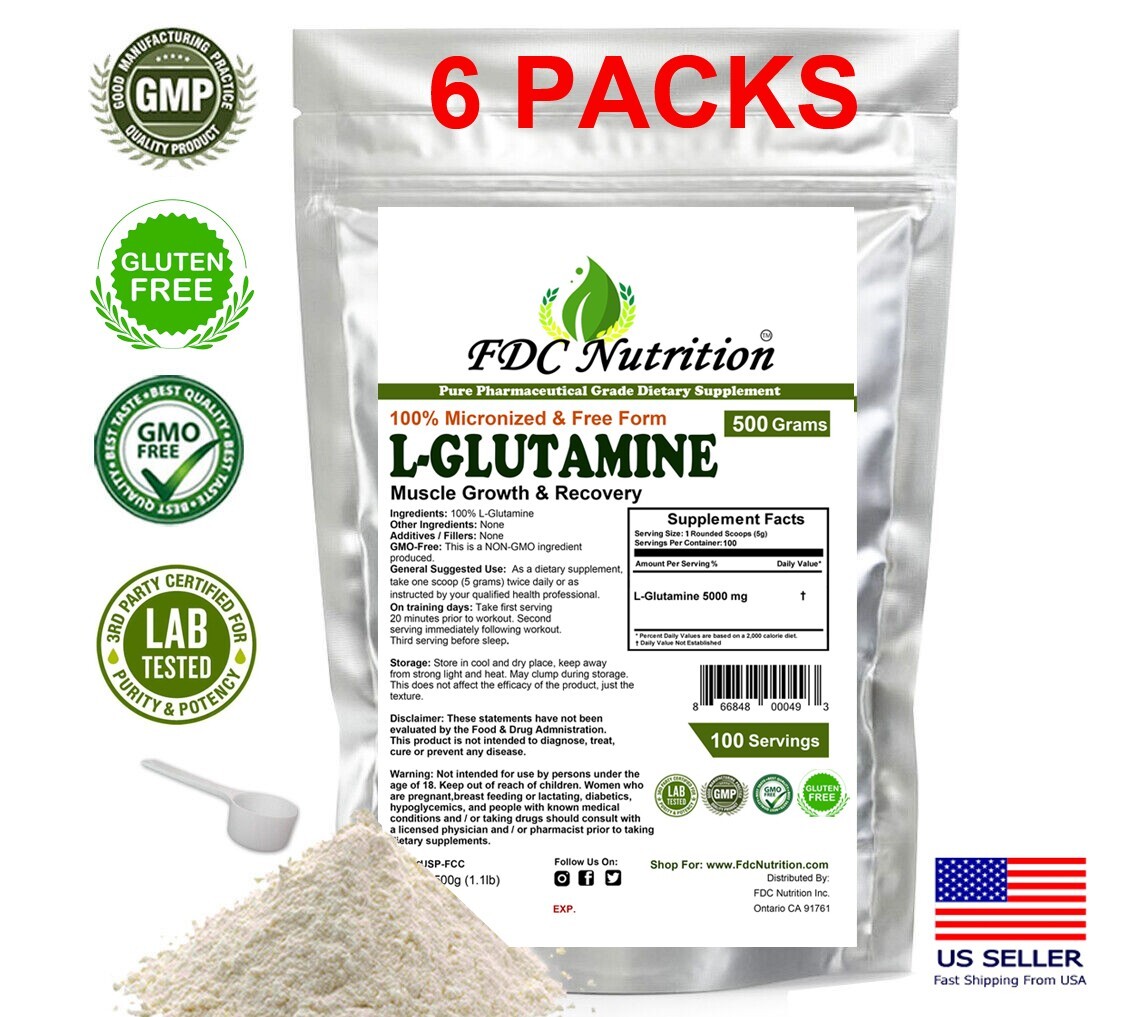 6 PACKS L-GLUTAMINE POWDER 1.1 lb (500g) KOSHER PHARMACEUTICAL GRADE