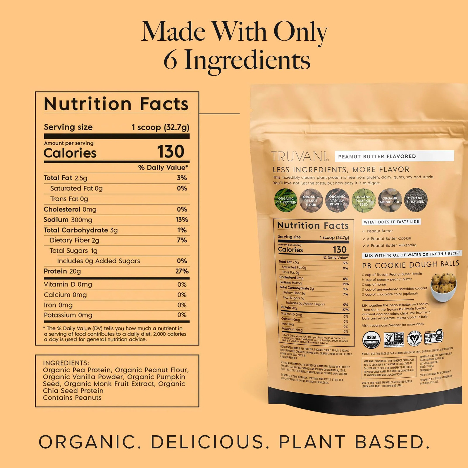 Truvani Organic Plant-Based Peanut Butter Protein Powder, 23.1 oz