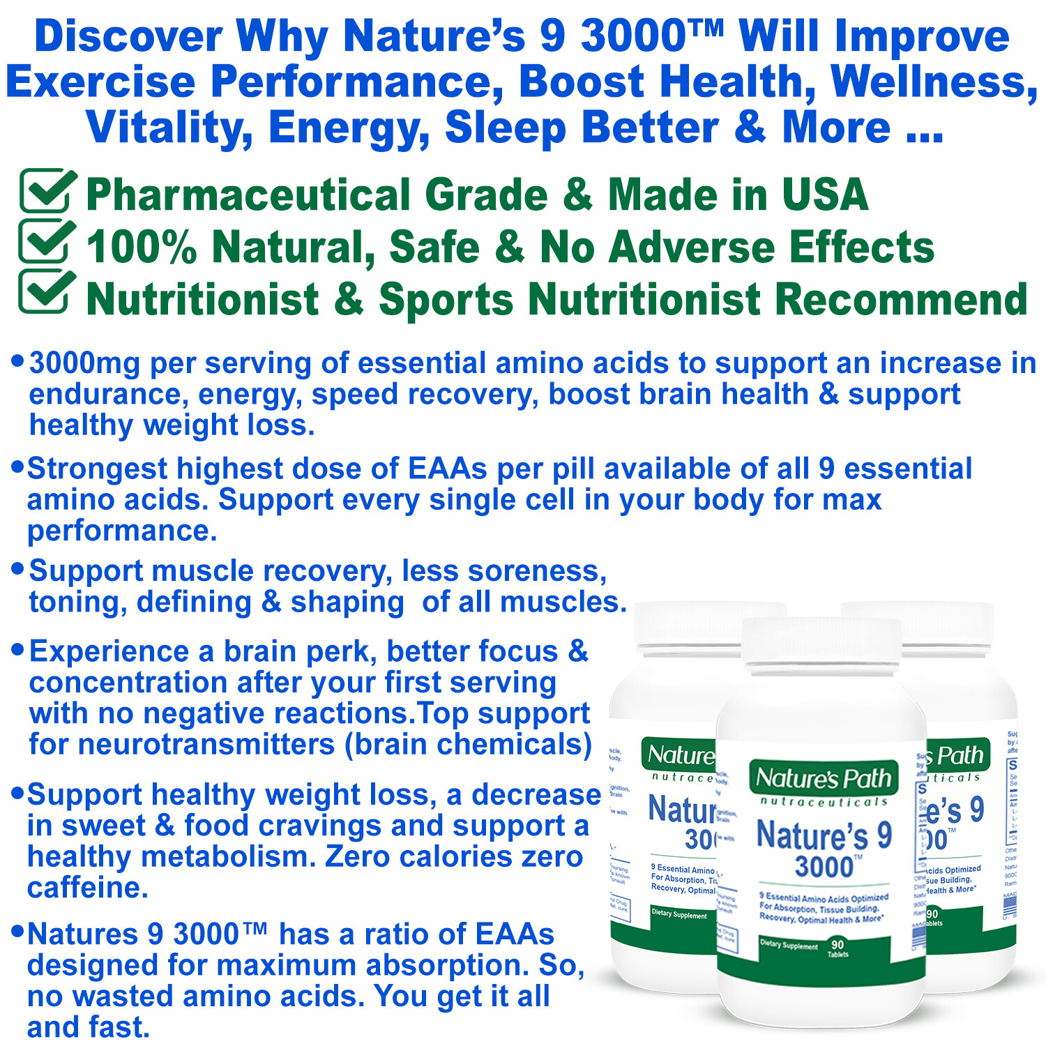 Nature’s 9 3000 Essential Amino Branch Chain Acids EAA 90 Tablets Natural Energy