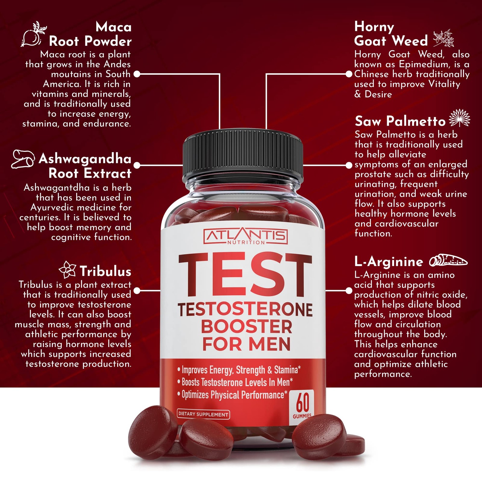 Atlantis Nutrition Testosterone Booster For Men Gummies 60 Count (Pack of 1)