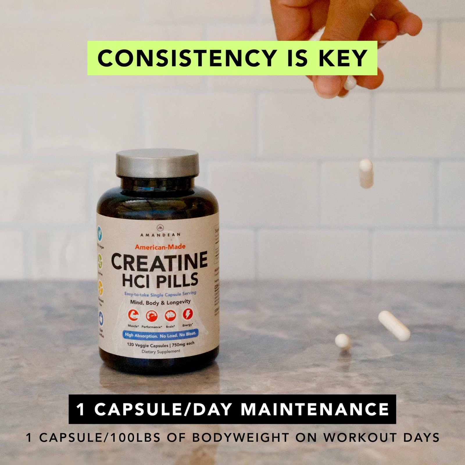 AMANDEAN Creatine HCl Pills. American Made CON-CRET. 120 Count (Pack of 1)