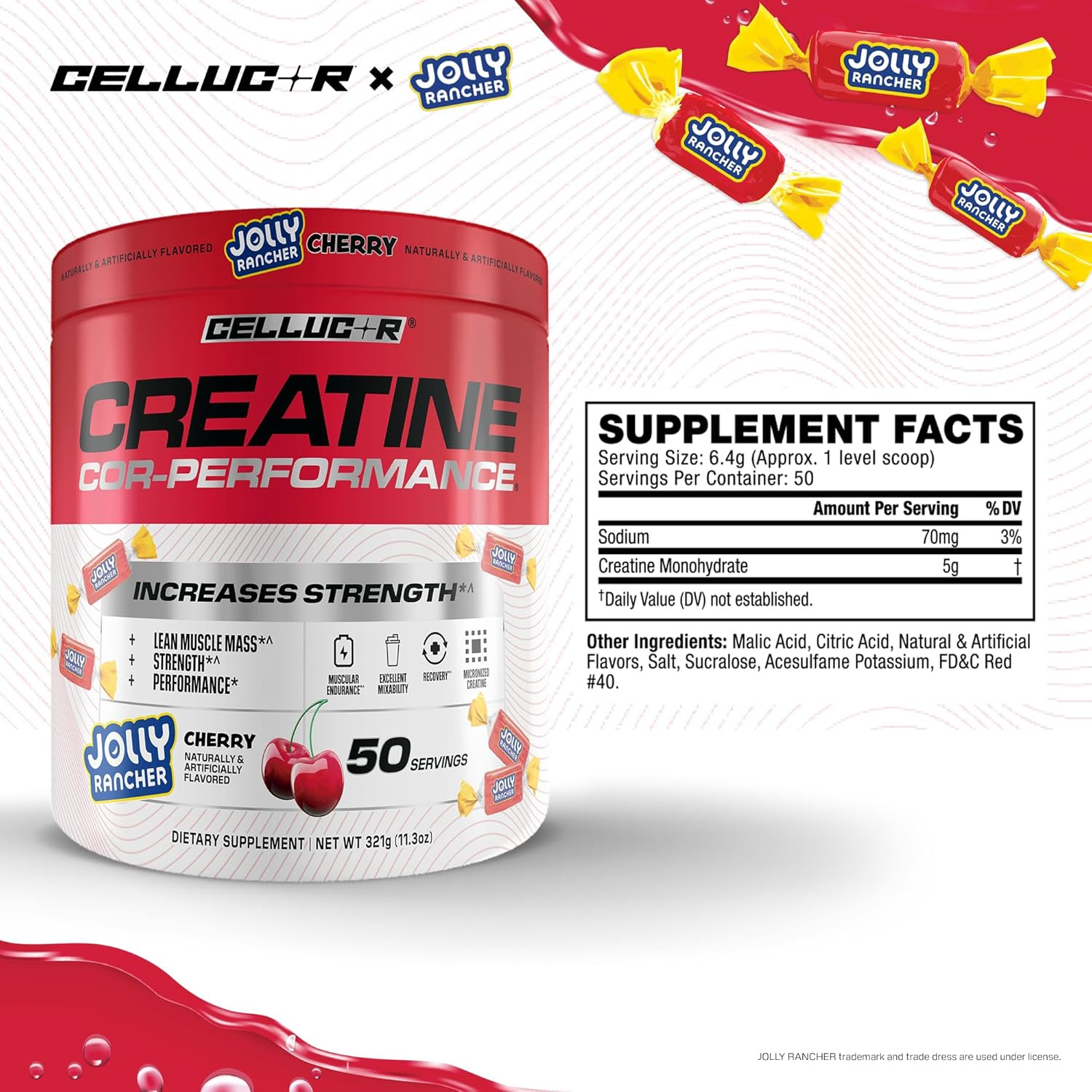 Creatine Powder, Jolly Rancher Cherry- Increases Strength, Lean Muscle Mass & En