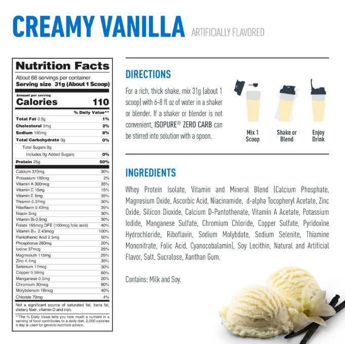 Isopure Zero Carb Whey Protein Isolate, Creamy Vanilla, 4.5 lb, 66 Servings