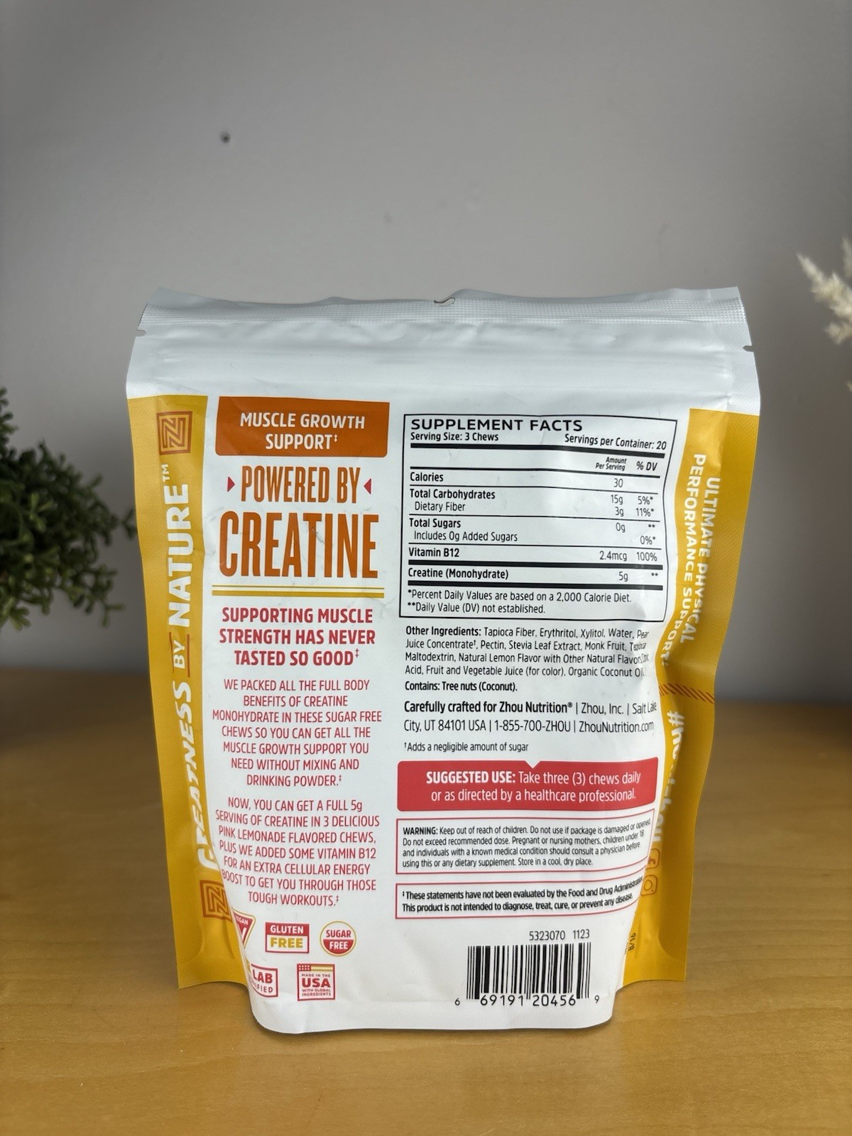Zhou Nutrition Creatine Chews Muscle Growth Sugar-Free Pink Lemonade 60 Chews