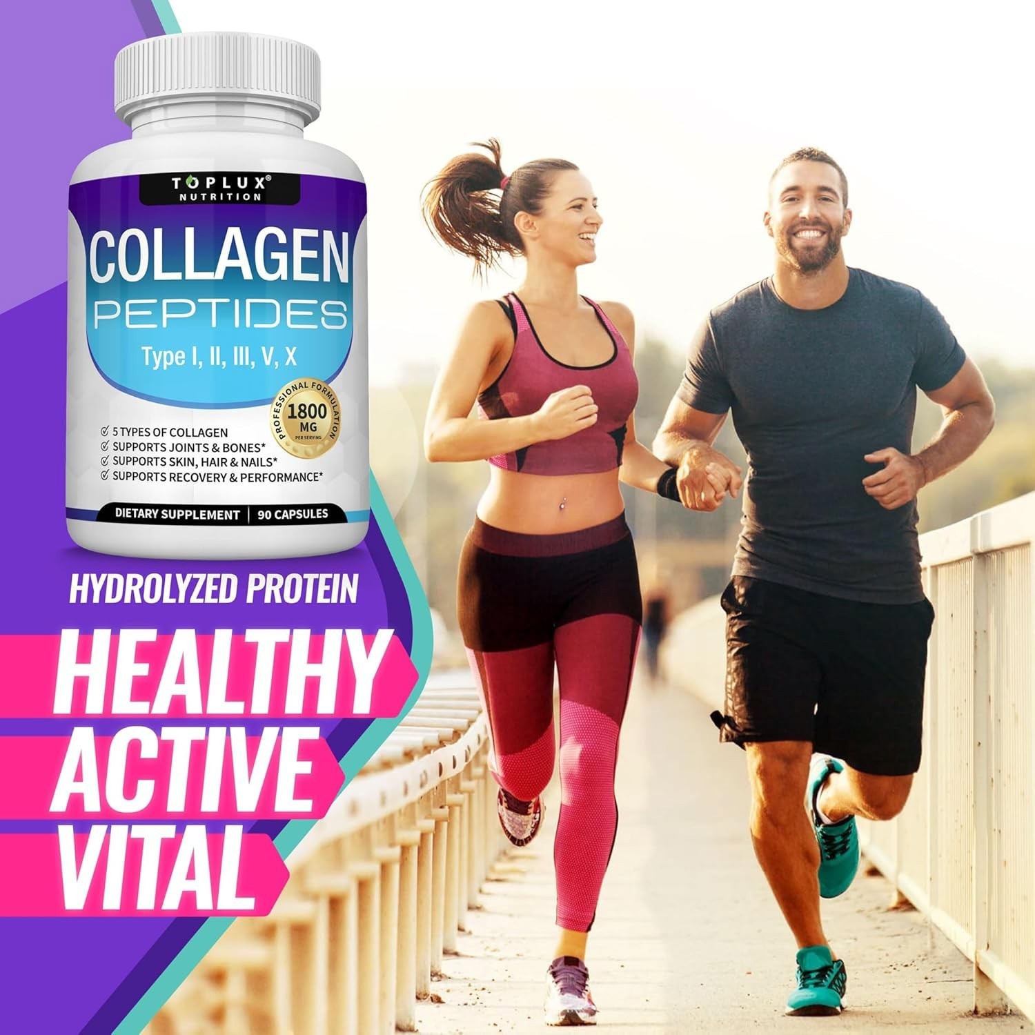 Toplux Multi Collagen Peptides Pills 1800 Mg III W/ Type I II Complex V X 90Cap