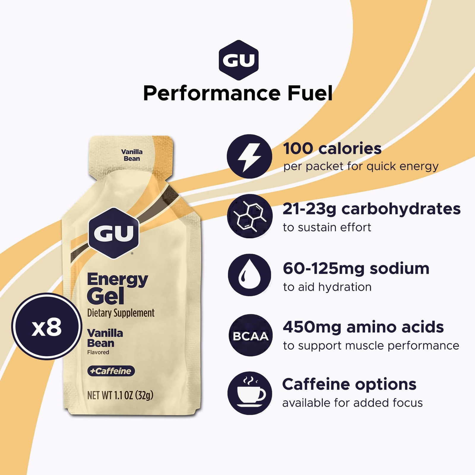 GU Energy Original Sports Nutrition 1 Fl Oz (Pack of 8), Vanilla Bean