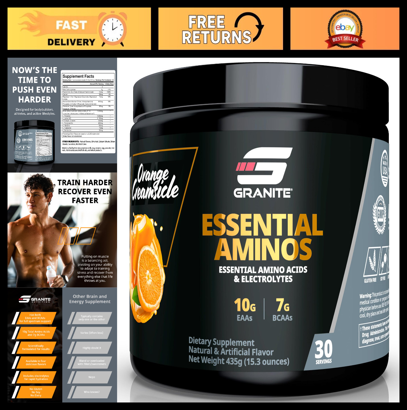 Amino Acids Powder for Muscle Recovery & Growth – 10g EAAs, 7g BCAAs, 448g