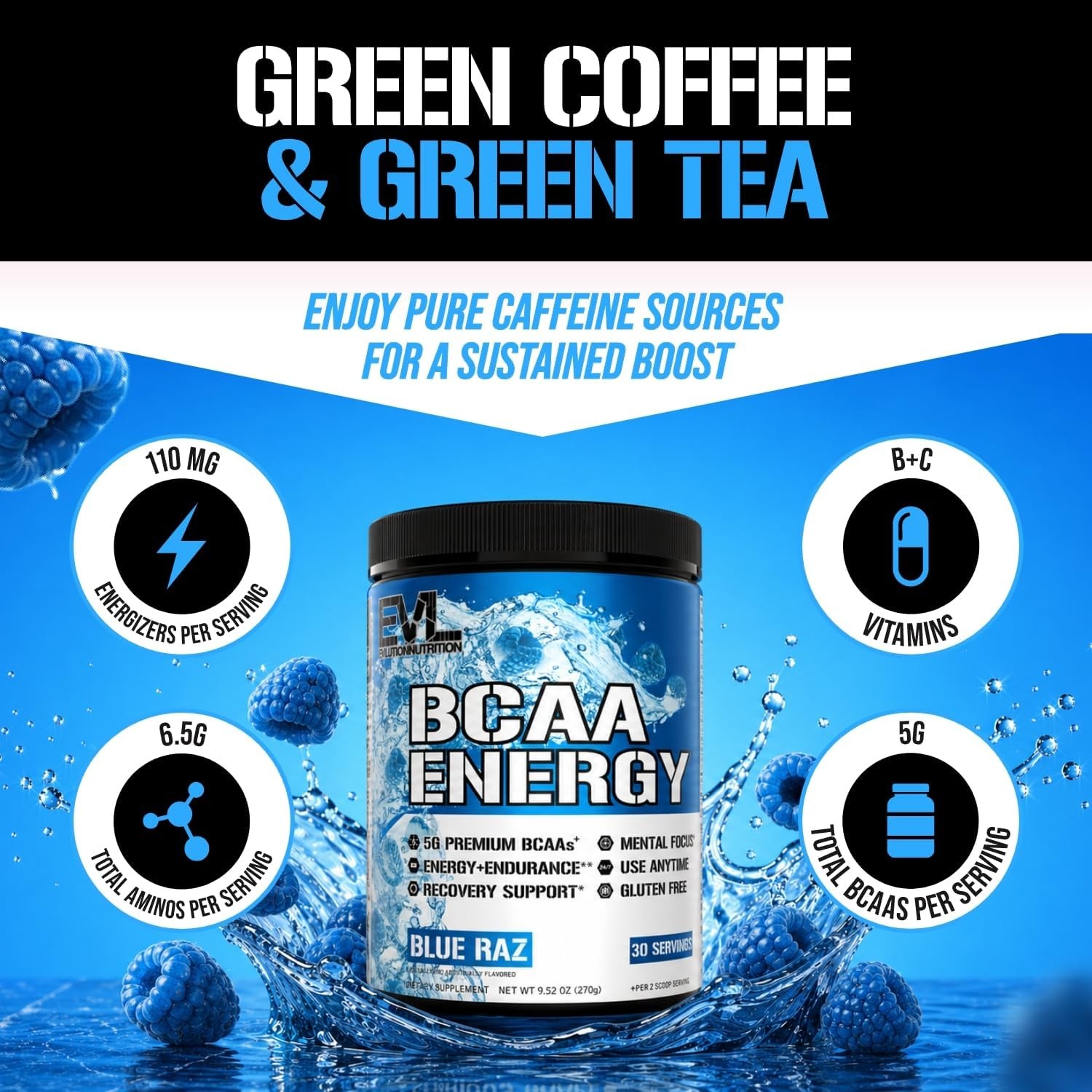 EVL BCAAs Amino Acids Powder – BCAA Energy Pre Workout Powder for Muscle Recover