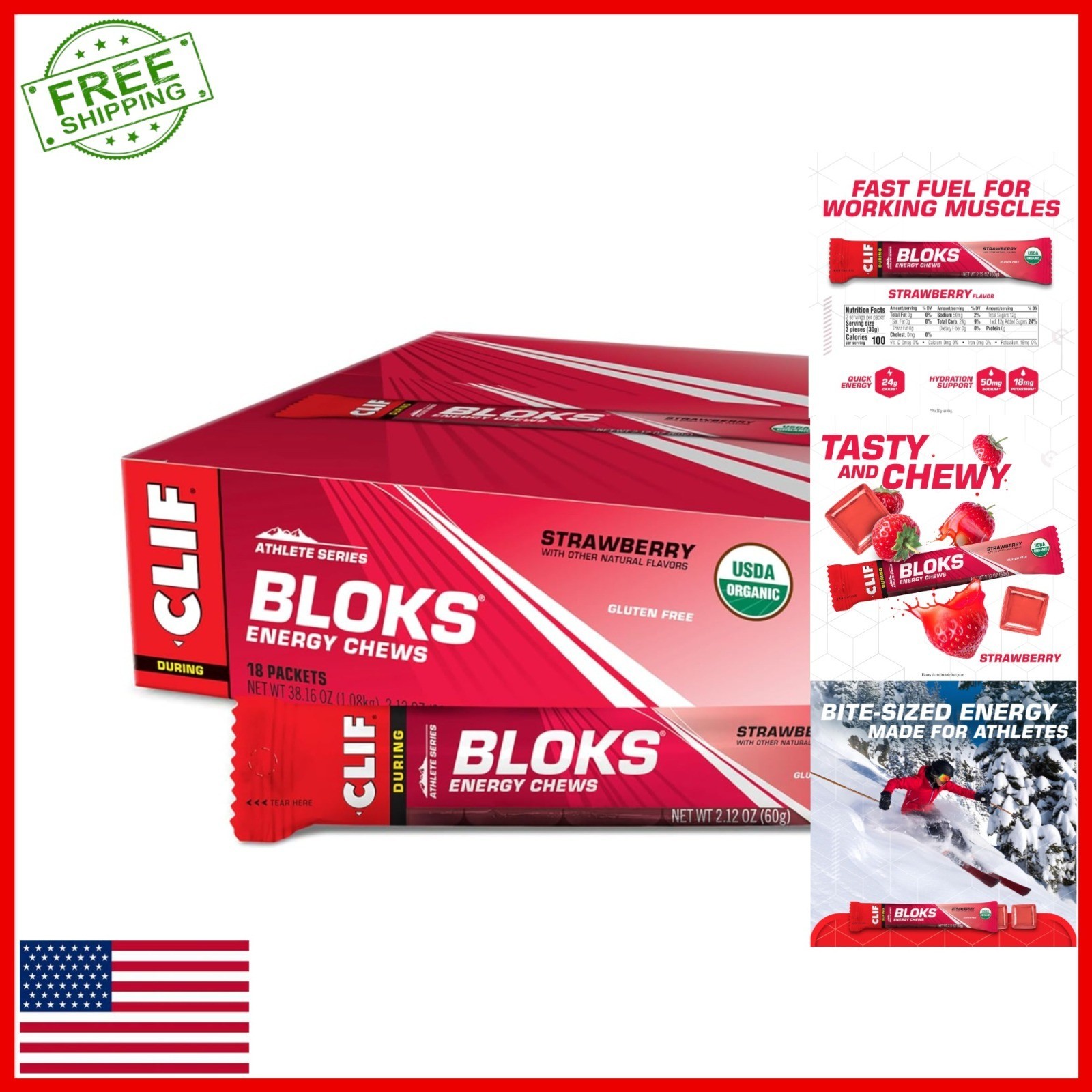 CLIF BLOKS Strawberry Flavor Energy Chews – Plant Based, Non-GMO, 18 Count