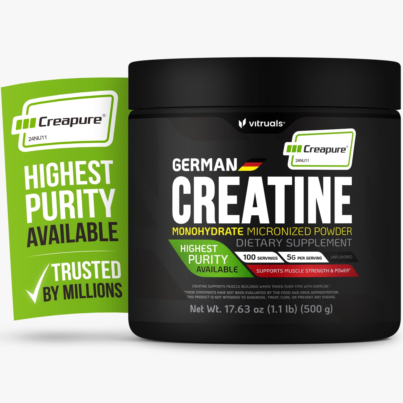 Creapure Creatine Monohydrate Powder – 17.63oz (1.1lb) (500g) German Creatine…