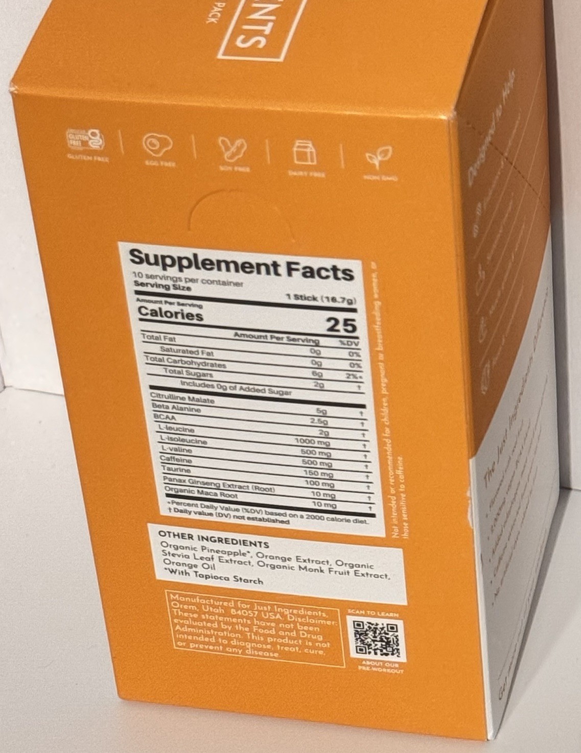 3x Just Ingredients Pre-Workout Drink Packet Orange Pineapple 10 Sticks Ea 12/27