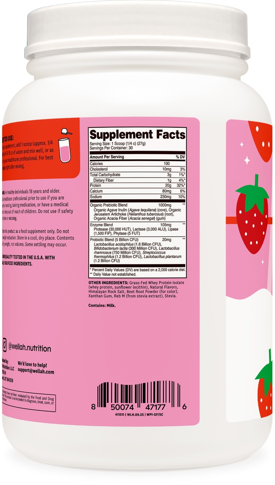 Wellah Grass-Fed Whey Protein Isolate Powder (Strawberries and Cream) 30 Serving