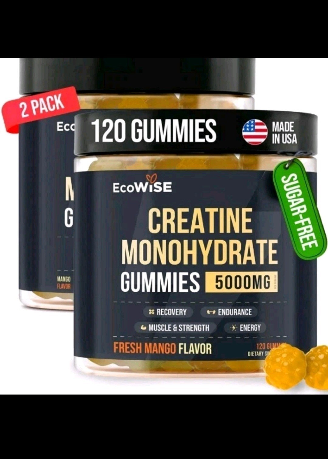 EcoWise Wellness 2 Pack Creatine Monohydrate Gummies 5000 mg Fresh Mango