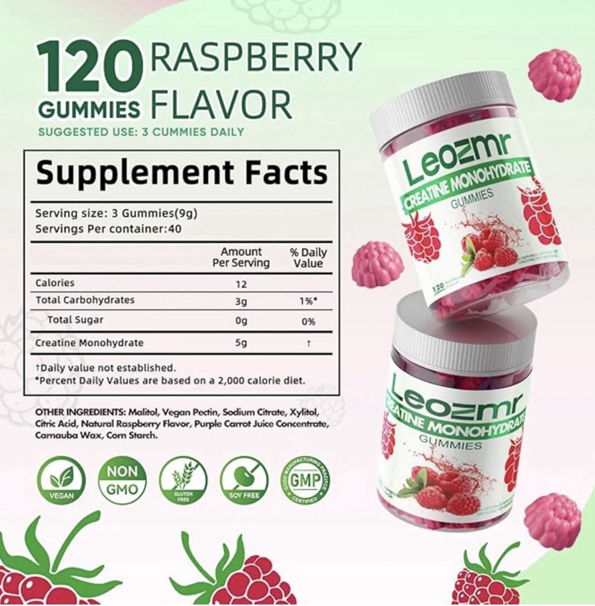 Leozmr Creatine Monohydrate Gummies Vegan Non-GMO Raspberry 120 ct 5g