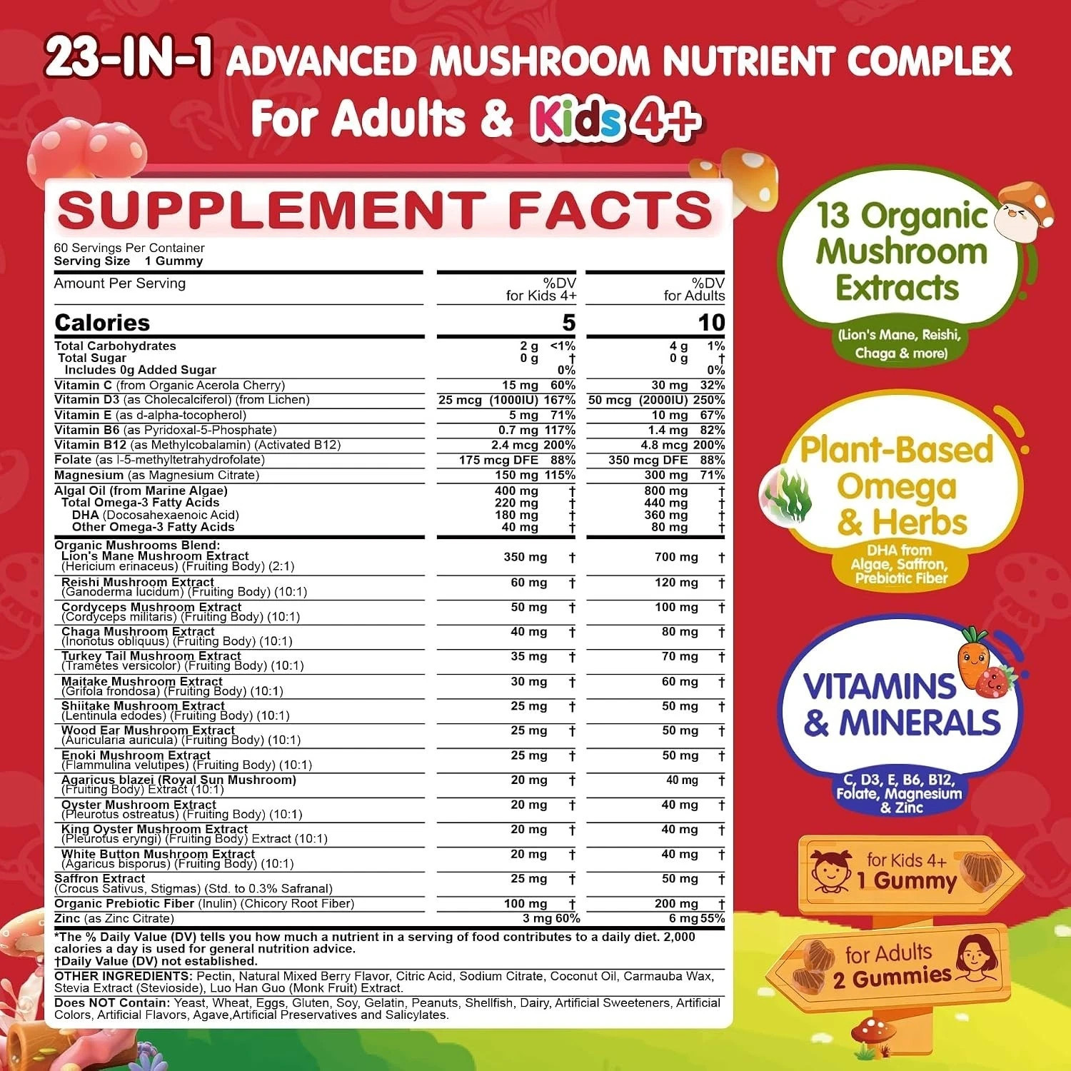 Lions Mane Mushroom Focus Gummies for Kids, Teens & Adults, 24-IN-1 Brain Gummy
