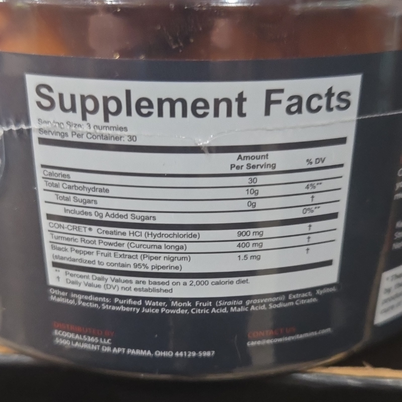 EcoWise Creatine HCL Gummies 750mg – Vegan, Sugar-Free, Strawberry, 90 Ct