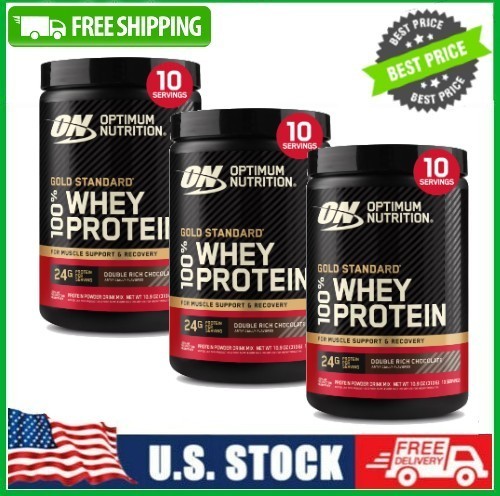 3 Pack Gold Standard 100% Whey Protein Powder, Double Rich Chocolate, 10 Serv Pk
