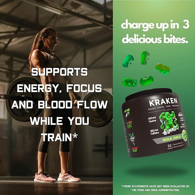 Kraken Preworkout Gummies Stim ENERGY, LASER FOCUS, HUGE PUMPS by The Gummy Lab
