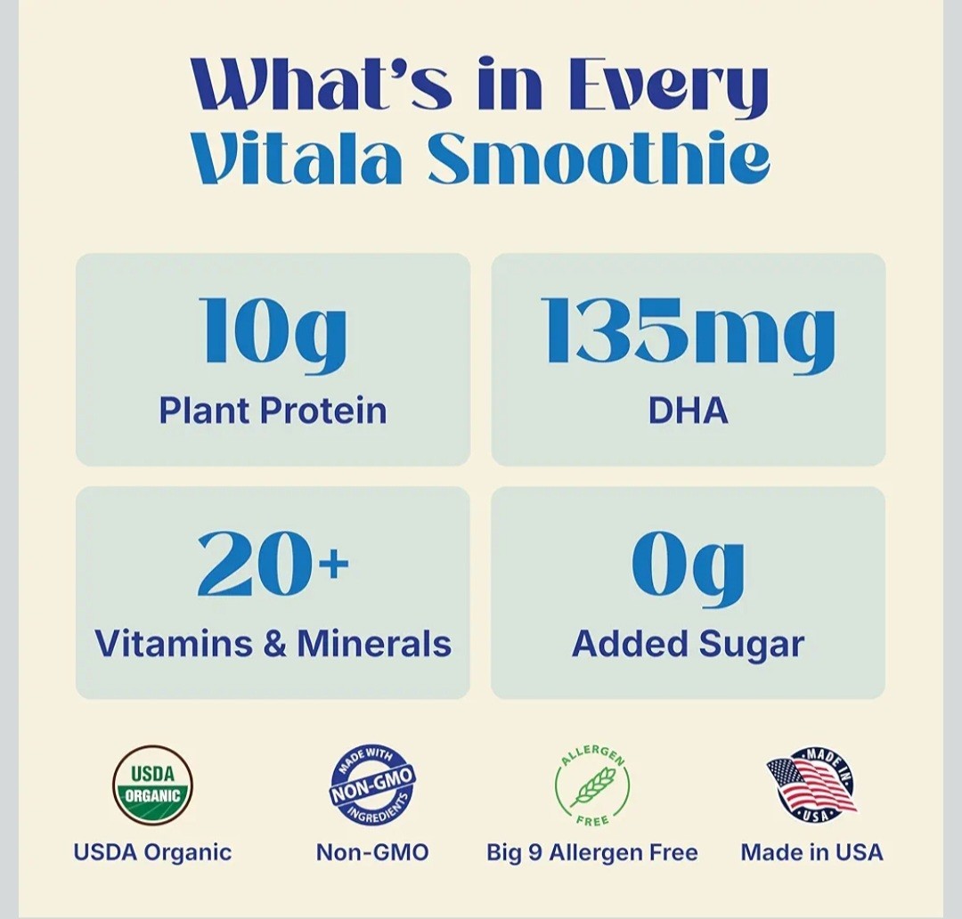 Vitala Organic Protein Smoothie | 10g Protein, 135mg DHA, USDA Organic | Apple