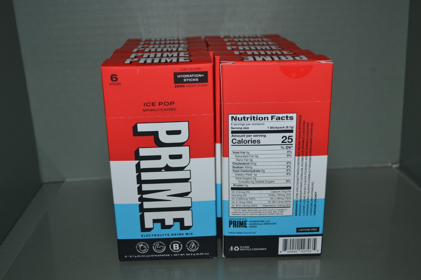 (12) PRIME HYDRATION Electrolyte Drink Mix, Ice Pop Flavor, 6 In Each, BB 04/27