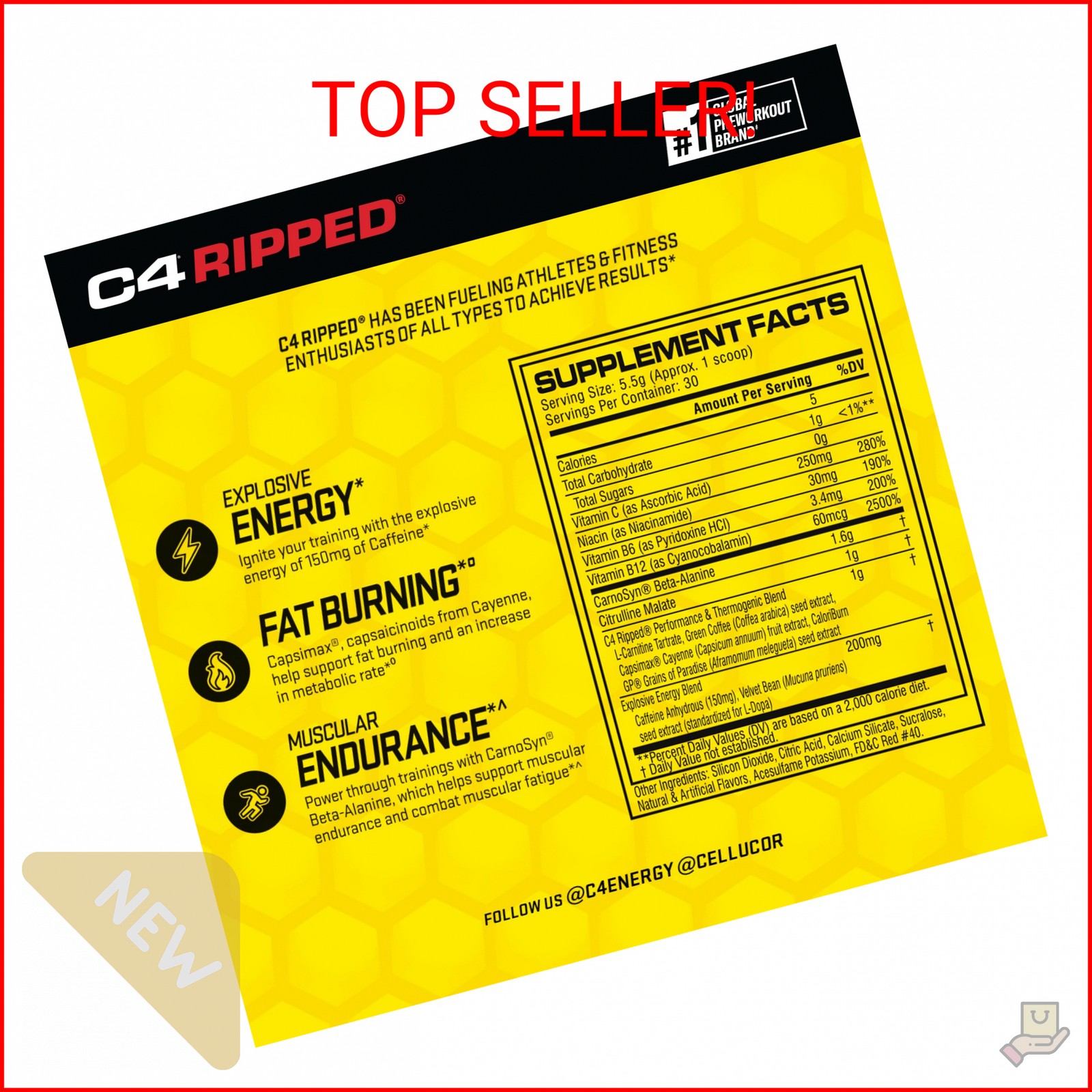 Cellucor C4 Ripped Pre Workout Powder Fruit Punch – Creatine Free + Sugar Free P