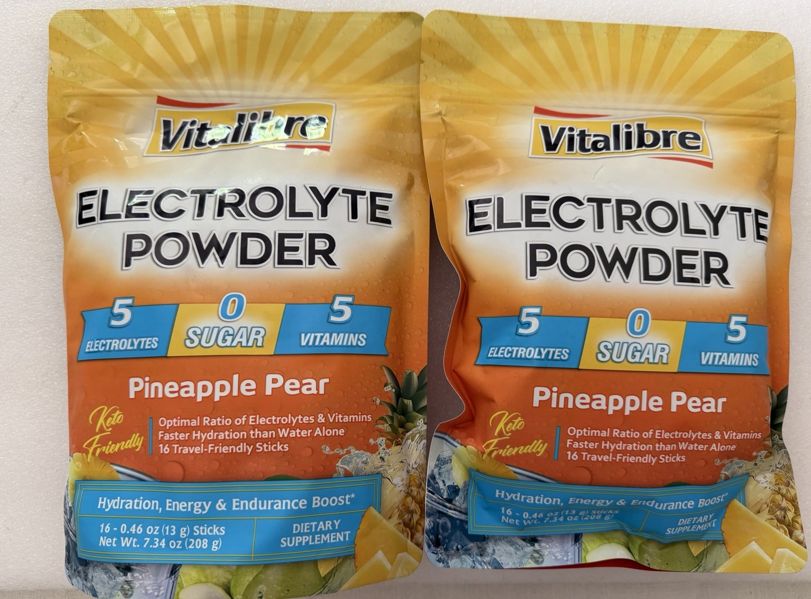 2-Vitalibre Electrolytes Powder Packets 32 Sticks Rapid Hydration Pineapple Pear